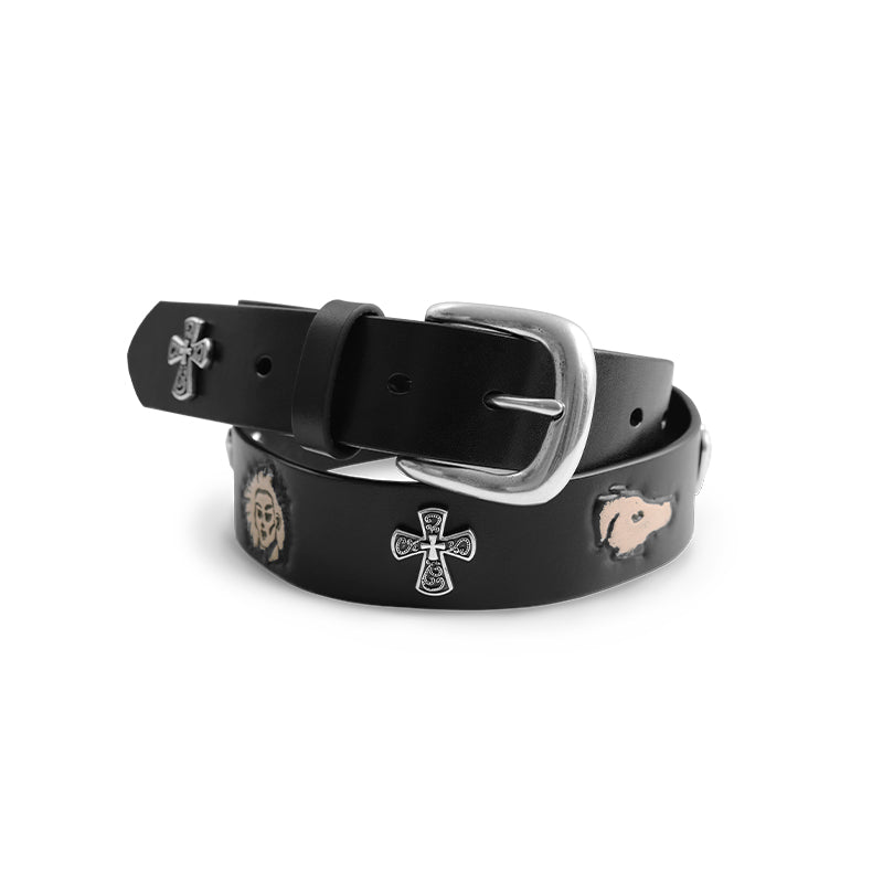 Black Embossed Portrait Leather Belt with Metal Studs