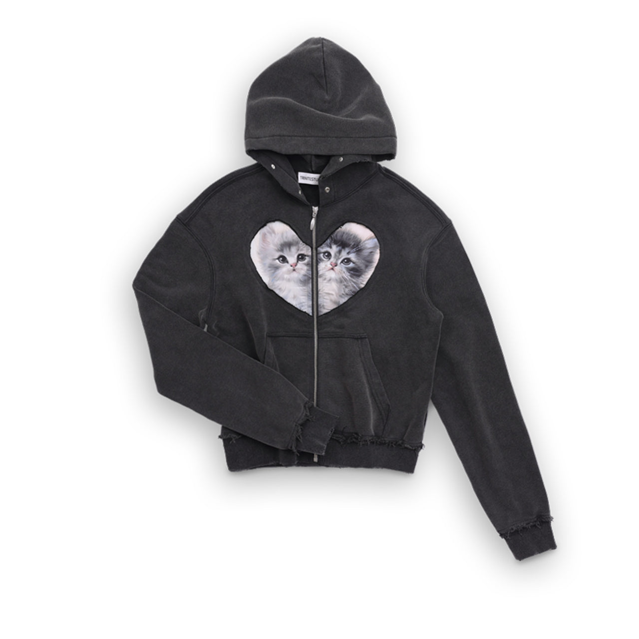 Washed Red/Black Distressed Heart Cat Patch Zip Hoodie