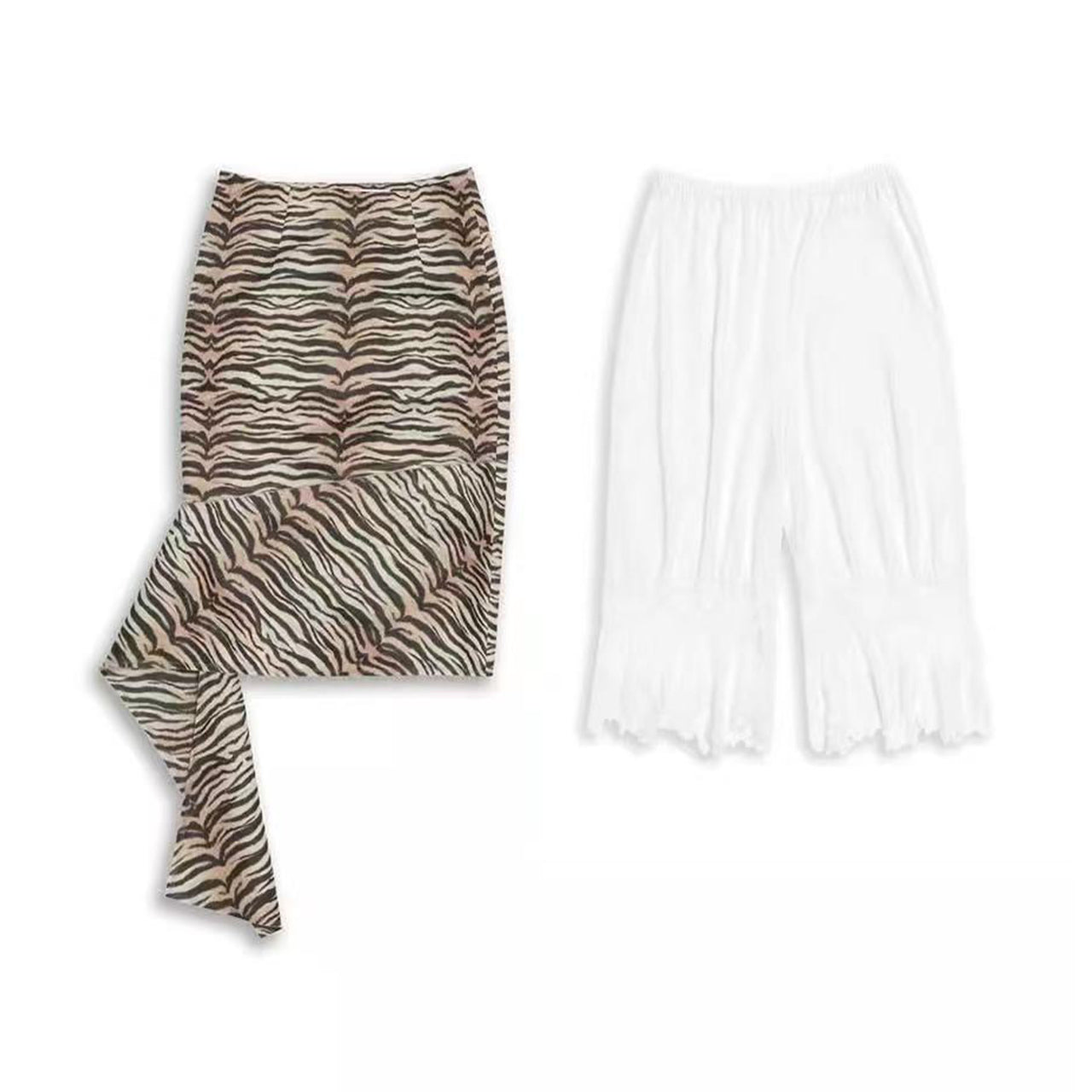 Raw-finish Tiger-print Satin Skirt with Lace Underlayer Pants