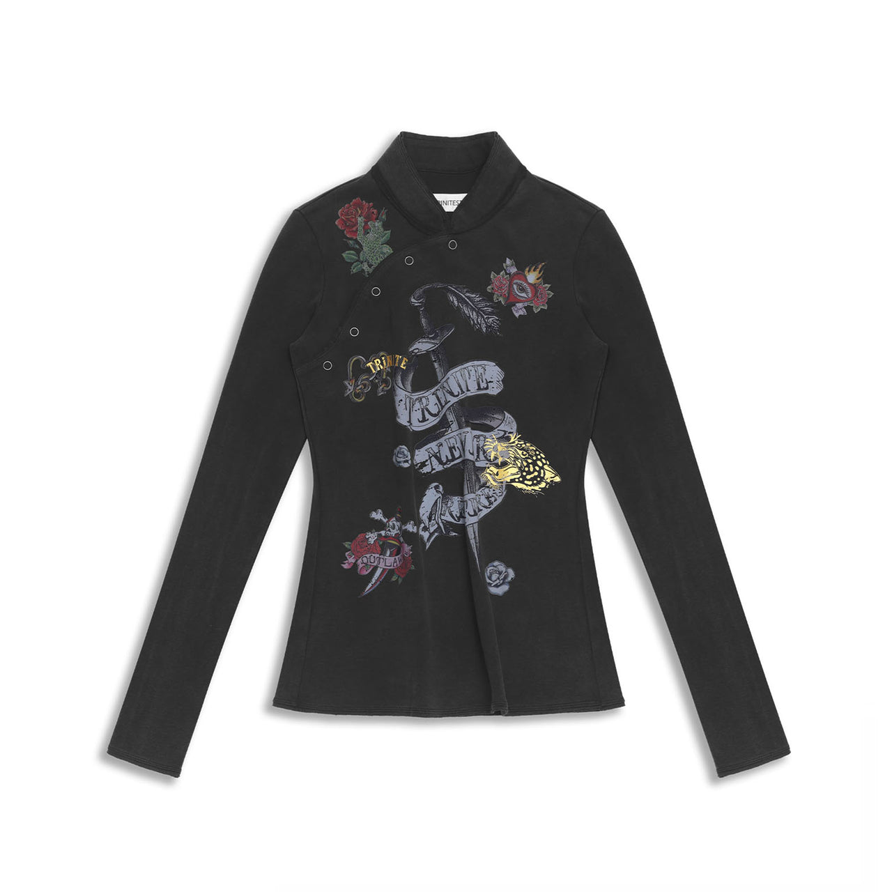 Black Old School Printed Chinese Style Long Sleeve Top