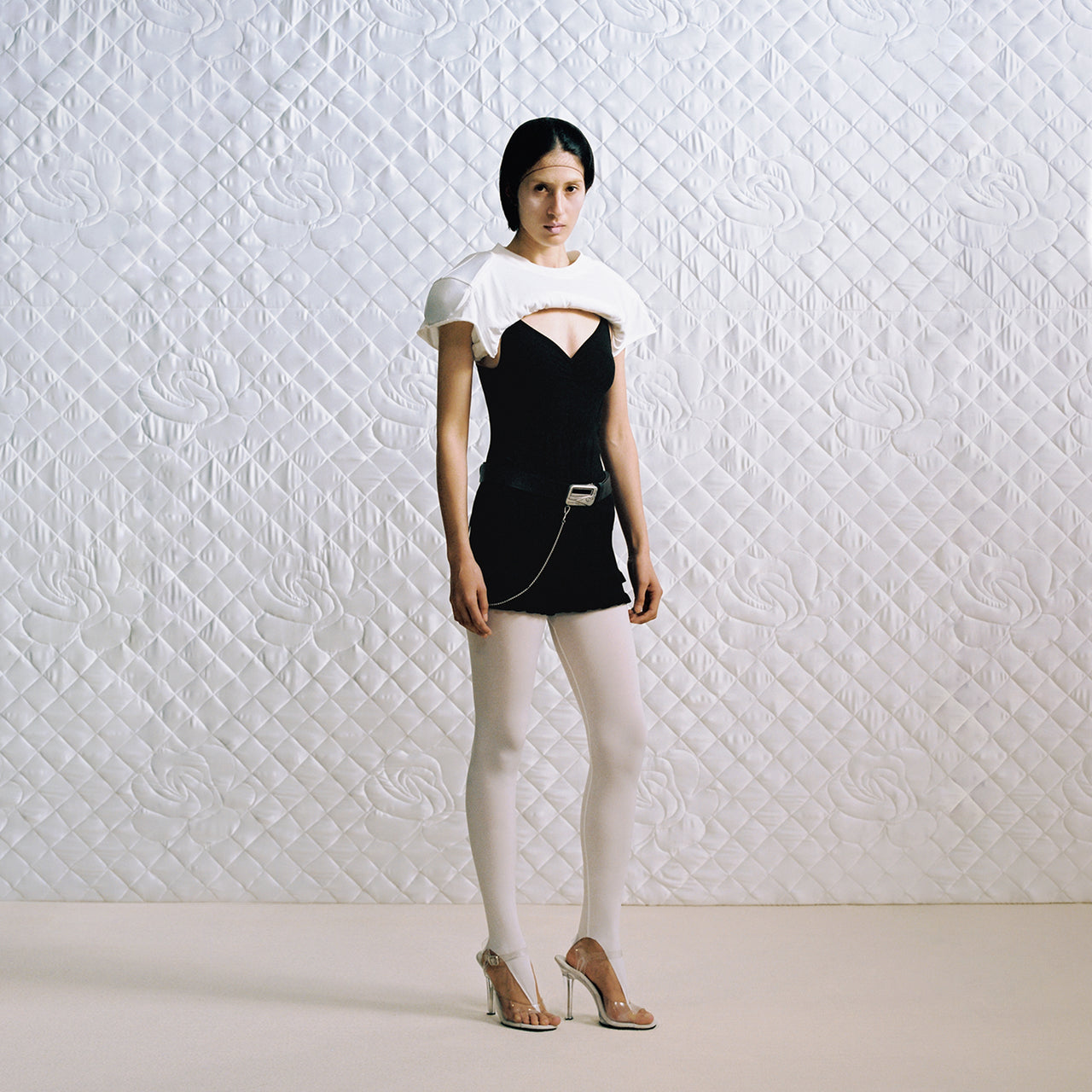 Black Knitted Cross Jacquard Pleated Camisole Bodysuit
