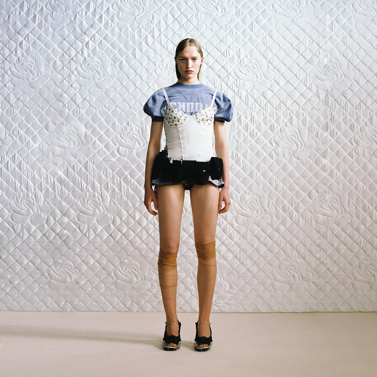 White Ribbed Patchwork Flowers Printing Camisole